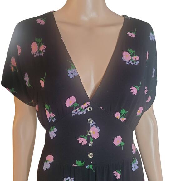 Asos Design Size 4 Waisted Midi Dark Floral Tea Dress 90s Y2K Phoebe Buffay FLAW - Picture 2 of 10